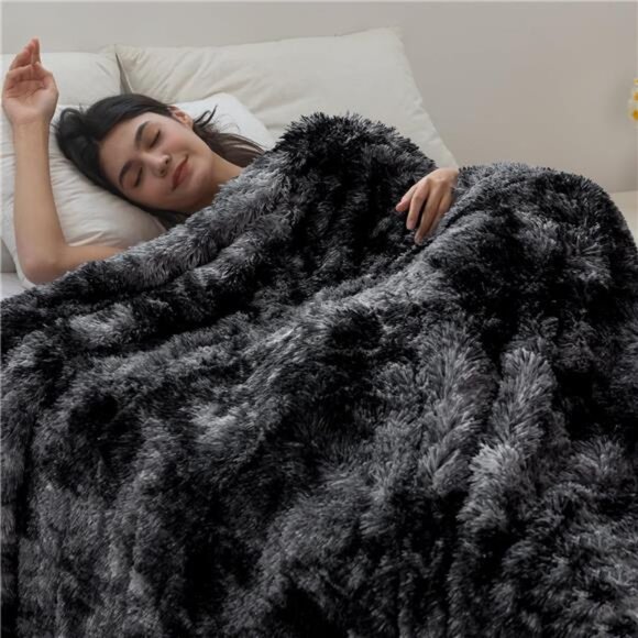 Faux Fur Throw Blanket Plush Sherpa Fleece Cozy Warm Bed Couch Sofa Tie Dye Blac - Picture 4 of 7